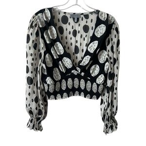 Anthropologie Conditions Apply Black Beige Print Cropped Chiffon Top Size Small